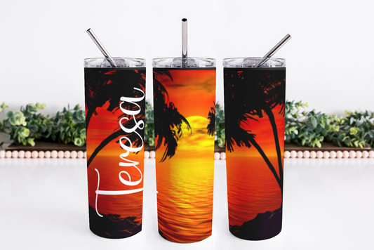 Stainless Steel 20oz Beach Sunset Themed Skinny Tumbler w/handle & straw, can be personalized with name