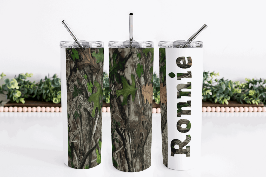 Stainless Steel 20oz Camo Themed Skinny Tumbler w/lid & straw, can be personalized with name
